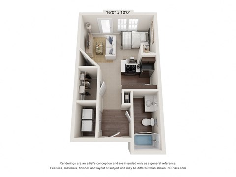 a stylized floor plan with a bedroom and a living room